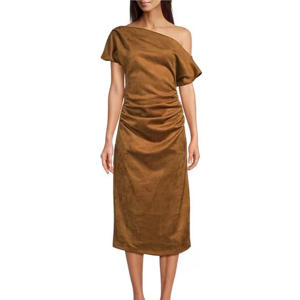 Gibson Latimer Asymmetric One Shoulder Short Sleeve Midi Faux Suede Dress